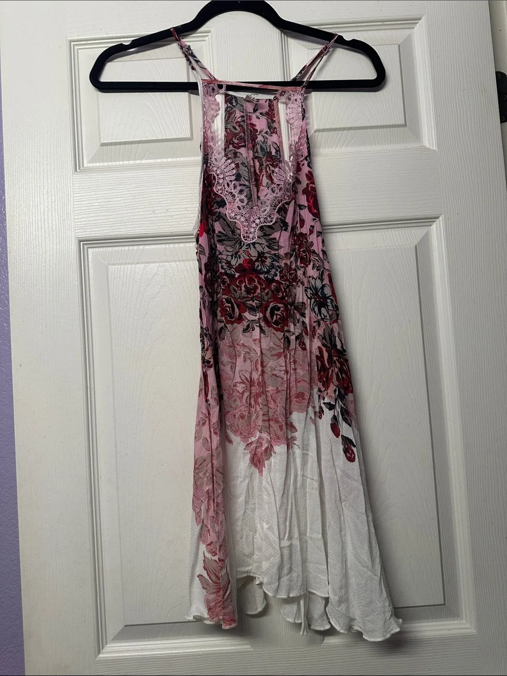 Free People Floral Lace-Trim Spaghetti Strap Dress in Pink and White - S